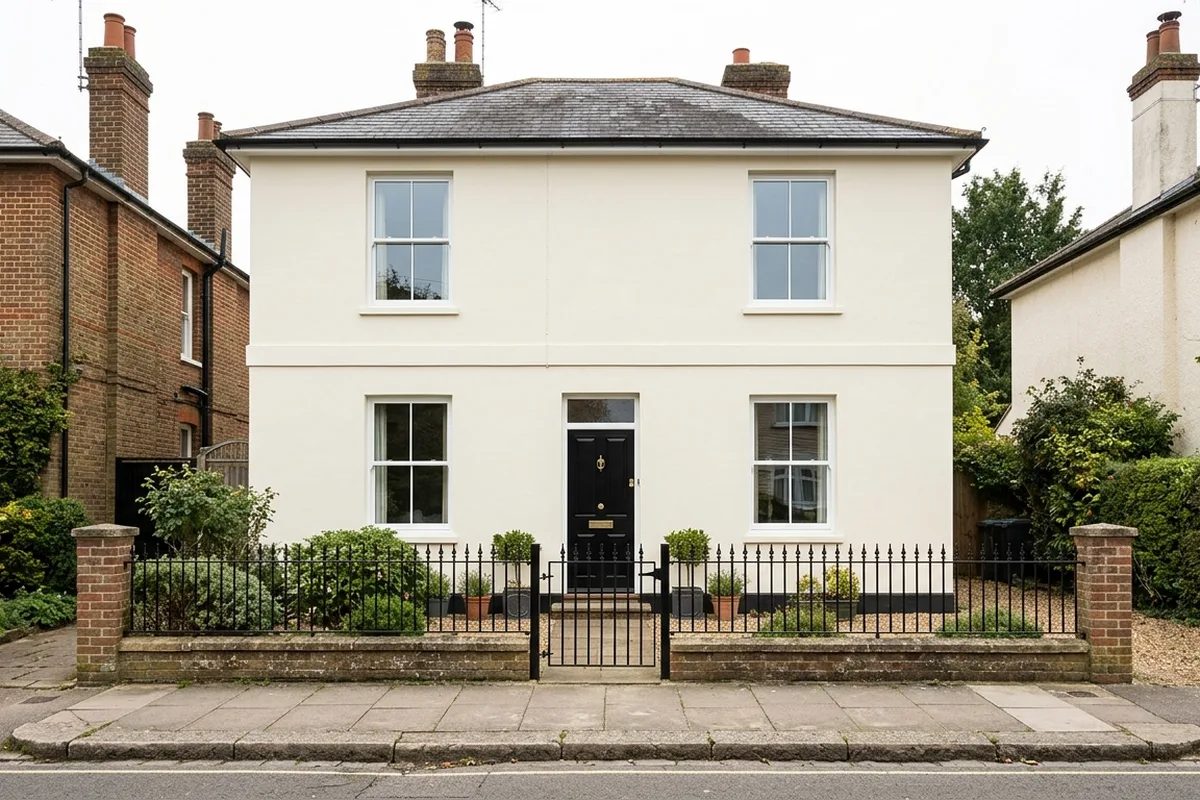 Cream-rendered two-storey early Victorian house with four slim white two-over-two aluminium heritage sash windows, a black front door and railings on a low brick wall