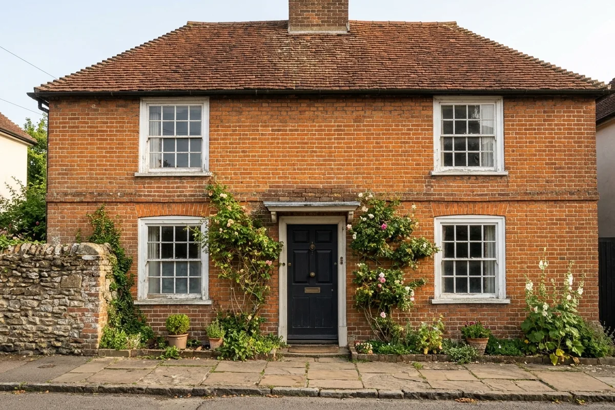 Georgian-style red brick house typical of Brasted, with four white six-over-six sash windows, a black panelled door and a stone side wall