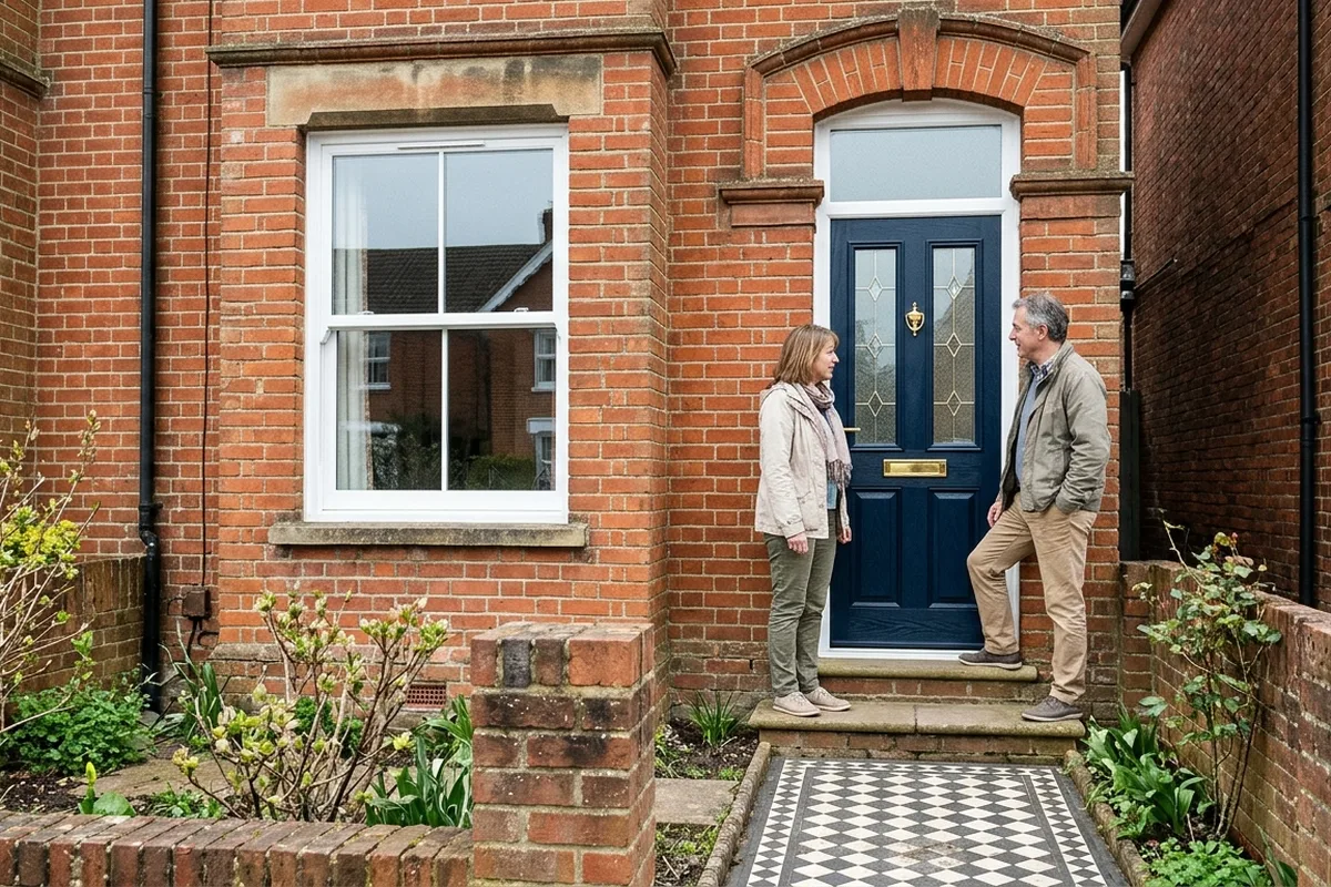 Couple talking at a new dark blue composite front door with two decorative glazed panels and a fanlight on a Victorian brick house