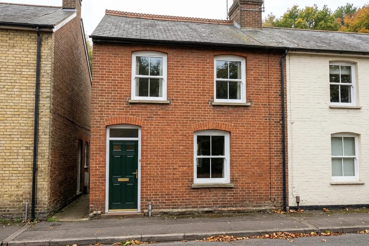 Late Victorian red brick terraced cottage typical of Hartslands, with three white two-over-two sash windows and a dark green front door