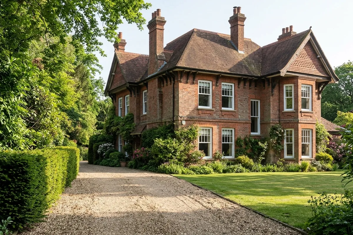 Large Edwardian red brick detached house typical of Kippington, with white sash windows on two floors, a tall stair window and a gravel drive