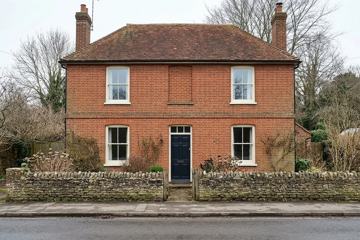 Double-fronted red brick house typical of Riverhead, with four slim white sash windows, a navy front door and a stone wall in front