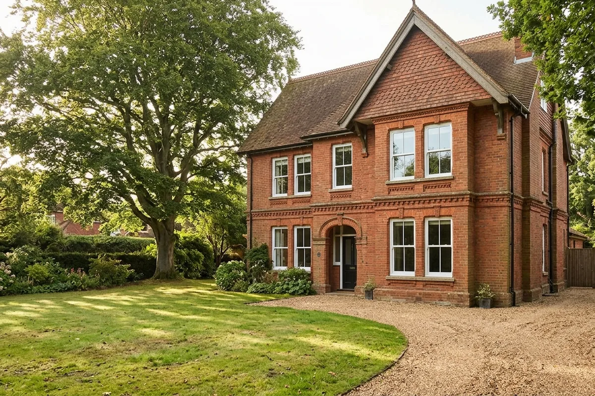 Large late Victorian red brick detached house typical of the Vine Court Road area, with white sash windows across two floors and a tile-hung gable