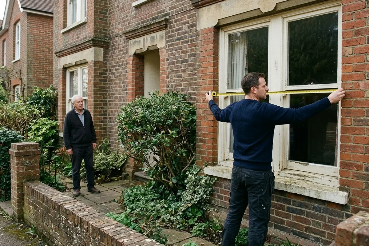 Surveyor in a navy jumper on the front path measuring across a ground-floor white sash window on a red brick Victorian house, an older homeowner watching