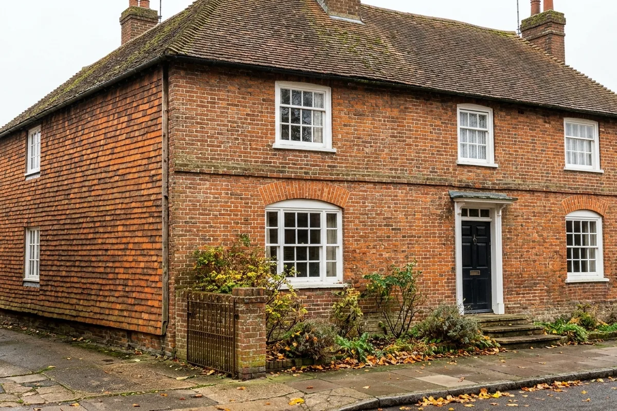 Georgian red brick house typical of Seal, with small-paned white sash windows, segmental arches and tile hanging on the side wall