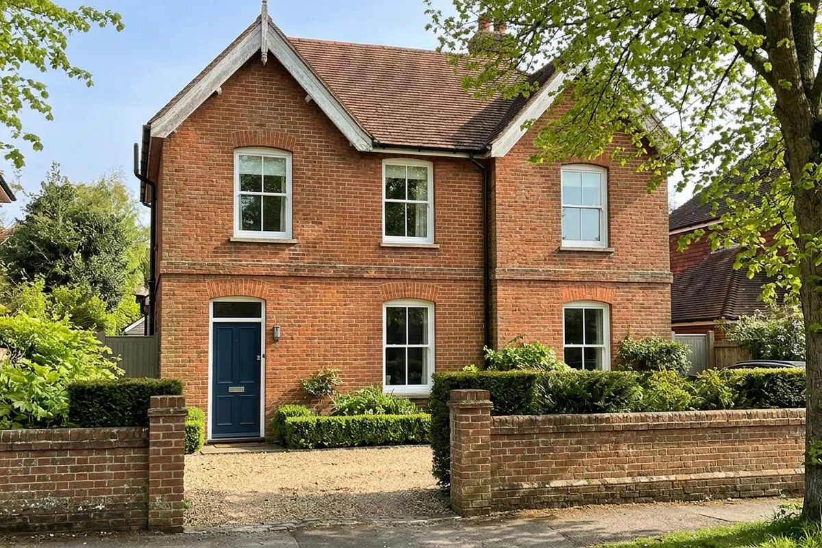 Victorian red brick villa with a full set of new white sash windows across both floors and a blue front door