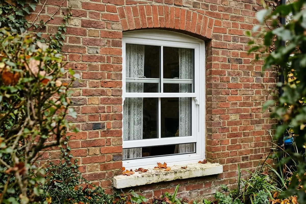 Close view of a white uPVC sash window with two-over-two panes under a segmental red brick arch, with a stone sill and lace curtains inside